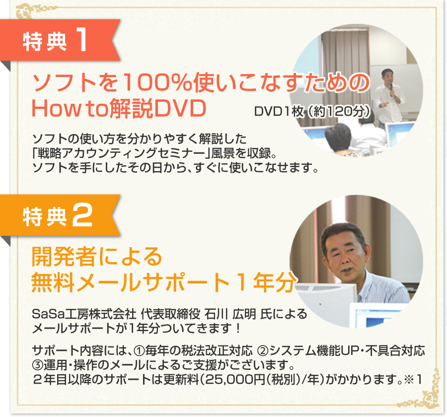 特典1:100%使いこなすためのHow To解説…DVD 1枚(約120分)特典2:開発者による無料メールサポート1年分/サポート内容には、(1)毎年の税法改正対応(2)システム機能UP・不具合対応(3)運用・操作のメールによるご支援がございます。