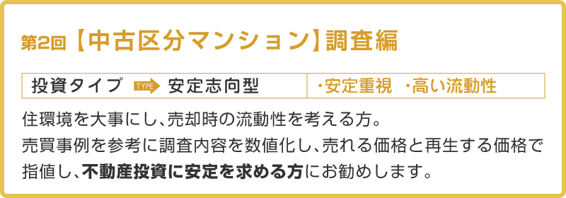 第2回【中古区分マンション】調査編／投資タイプ：安定志向型／タイプ別のポイント：住環境を大事にし、売却時の流動性を考える方。売買事例を参考に調査内容を数値化して、売れる価格と再生する価格で指値して、不動産投資に安定を求める方にお勧めします。
。