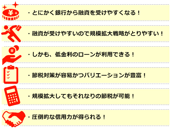 ●とにかく銀行から融資を受けやすくなる！●融資がうけやすいので規模拡大戦略がとりやすい！●しかも、低金利のローンが利用できる！●節税対策が容易かつバリエーションが豊富！●規模拡大してもそれなりの節税が可能！●圧倒的な信用力が得られる！