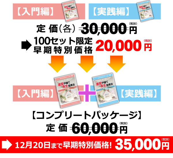 【入門編】通常価格30,000円→早期申込価格20,000円/【実践編】通常価格30,000円→早期申込価格20,000円/【コンプリートセット】12月20日までの早期申し込みか角(2点60,000円→早期申し込み価格35,000円