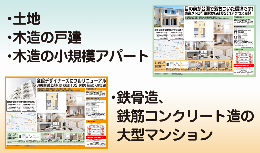 ◆土地や木造の小規模な戸建、アパート◆鉄骨造、鉄筋コンクリート造の大型マンション